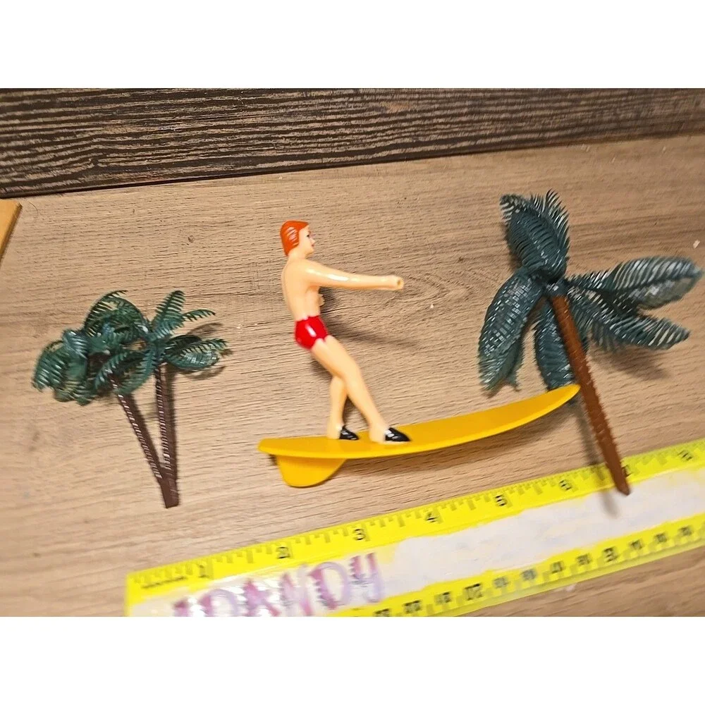 Vintage 1980's Beach Palm Man Cake Topper Figure YELLOW SURFBOARD 4
